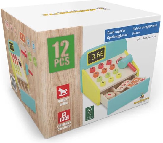 Marionette Wooden Toys – Speelgoedkassa van Hout – Stimuleert de Zintuigen – 12 Stuks